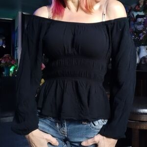 Elegant Black Off-Shoulder Smocked  Peplum Top